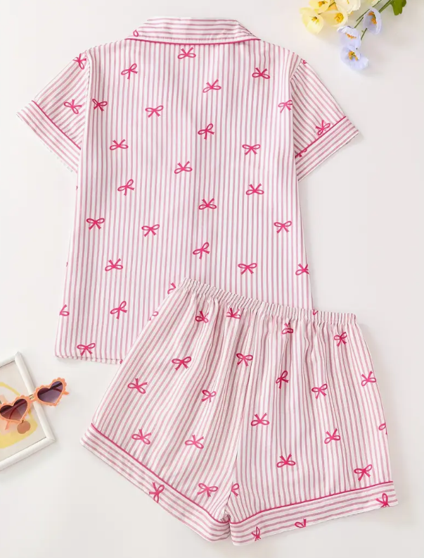 “Pink Grace” Bow-Detail Buttoned Short-Sleeve & Shorts