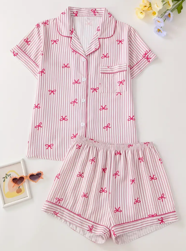 “Pink Grace” Bow-Detail Buttoned Short-Sleeve & Shorts