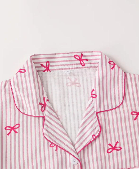 “Pink Grace” Bow-Detail Buttoned Short-Sleeve & Shorts