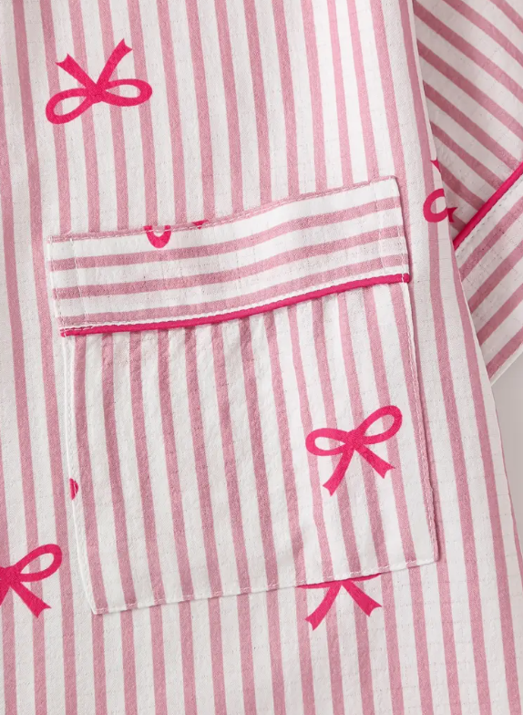 “Pink Grace” Bow-Detail Buttoned Short-Sleeve & Shorts