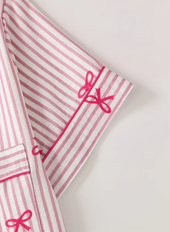 “Pink Grace” Bow-Detail Buttoned Short-Sleeve & Shorts