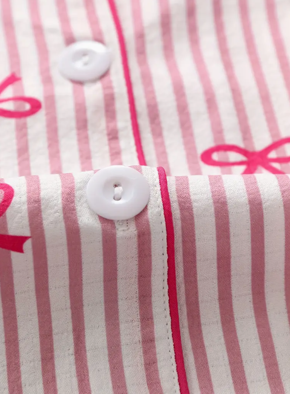 “Pink Grace” Bow-Detail Buttoned Short-Sleeve & Shorts