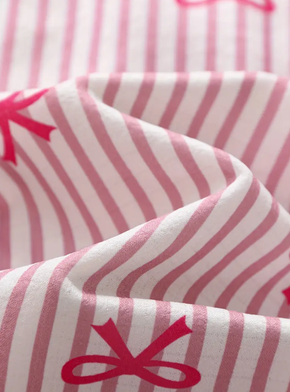 “Pink Grace” Bow-Detail Buttoned Short-Sleeve & Shorts