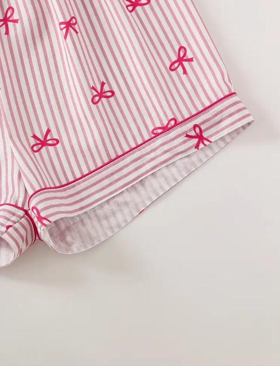 “Pink Grace” Bow-Detail Buttoned Short-Sleeve & Shorts