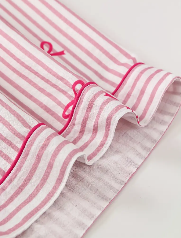 “Pink Grace” Bow-Detail Buttoned Short-Sleeve & Shorts