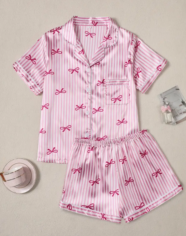 “Pink Dream” Striped Satin & Bow Pyjama Set