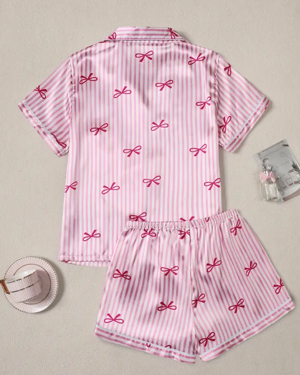 “Pink Dream” Striped Satin & Bow Pyjama Set
