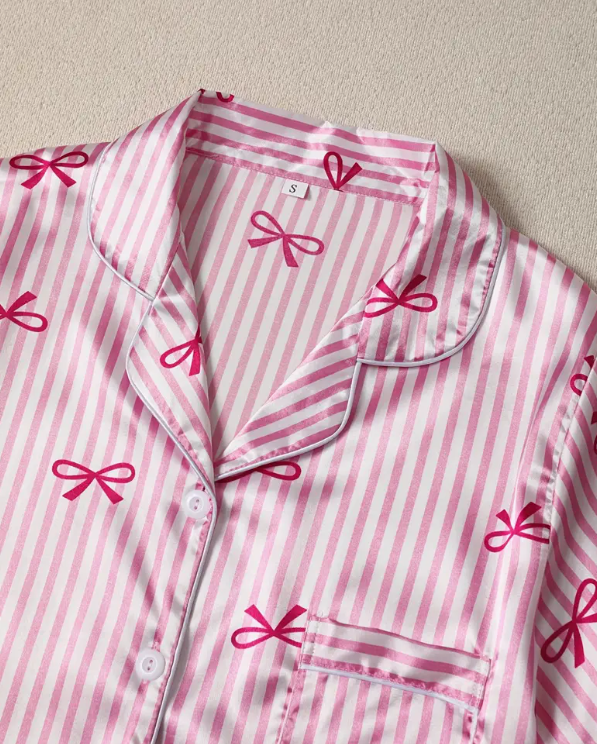 “Pink Dream” Striped Satin & Bow Pyjama Set