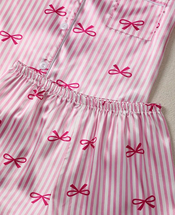 “Pink Dream” Striped Satin & Bow Pyjama Set