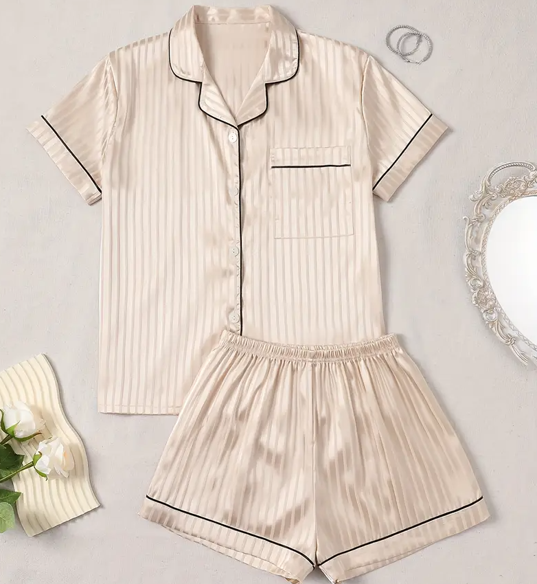 “Beige Elegance” Striped Satin Short-Sleeve & Shorts Set