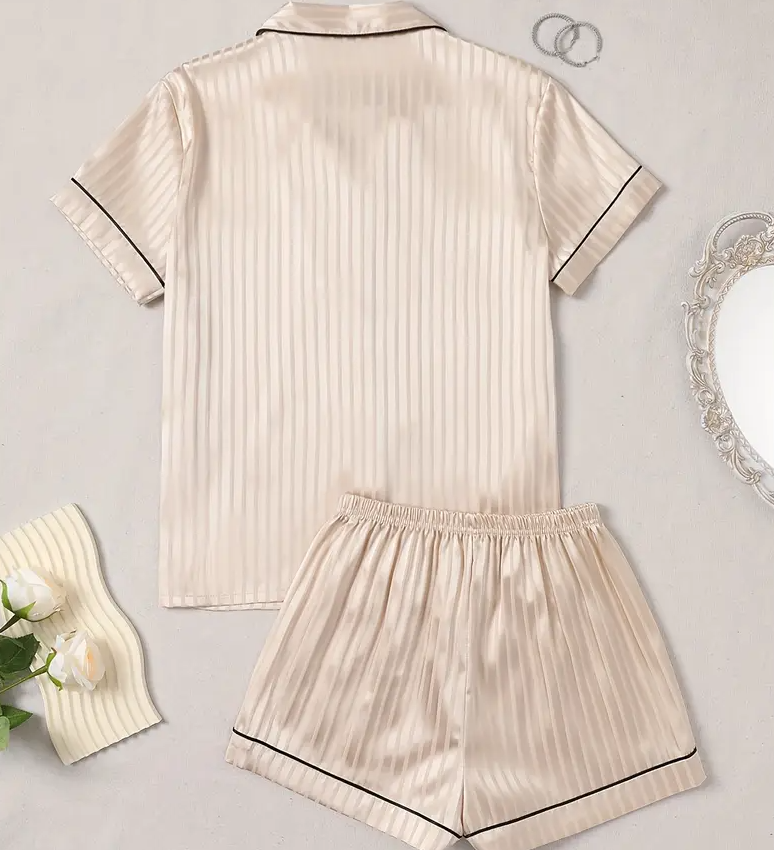 “Beige Elegance” Striped Satin Short-Sleeve & Shorts Set
