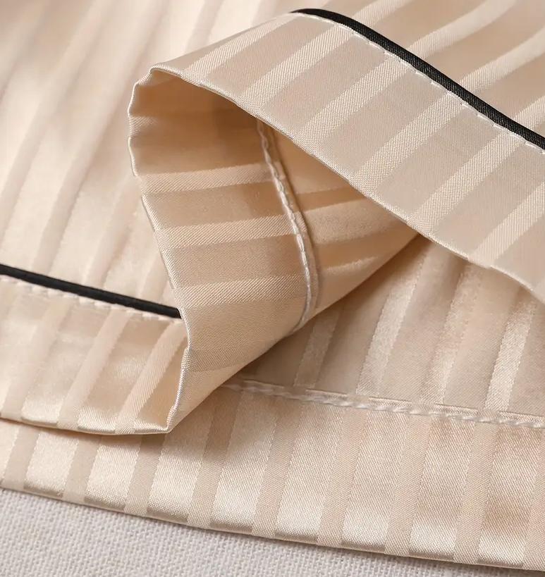 “Beige Elegance” Striped Satin Short-Sleeve & Shorts Set