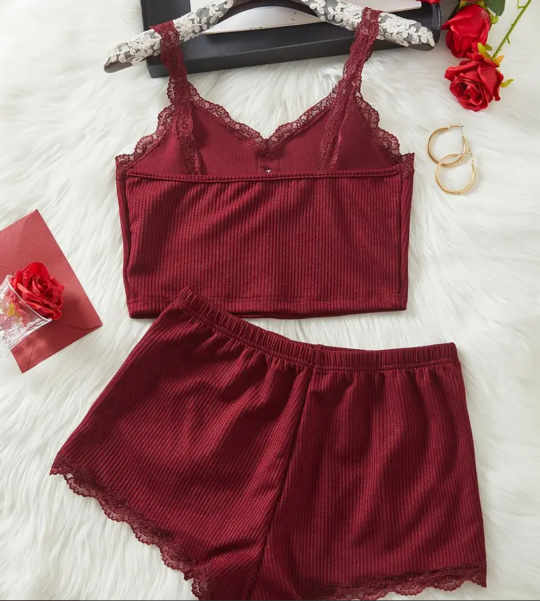 “Burgundy Passion” Crop & Lace-Trim Shorts Set