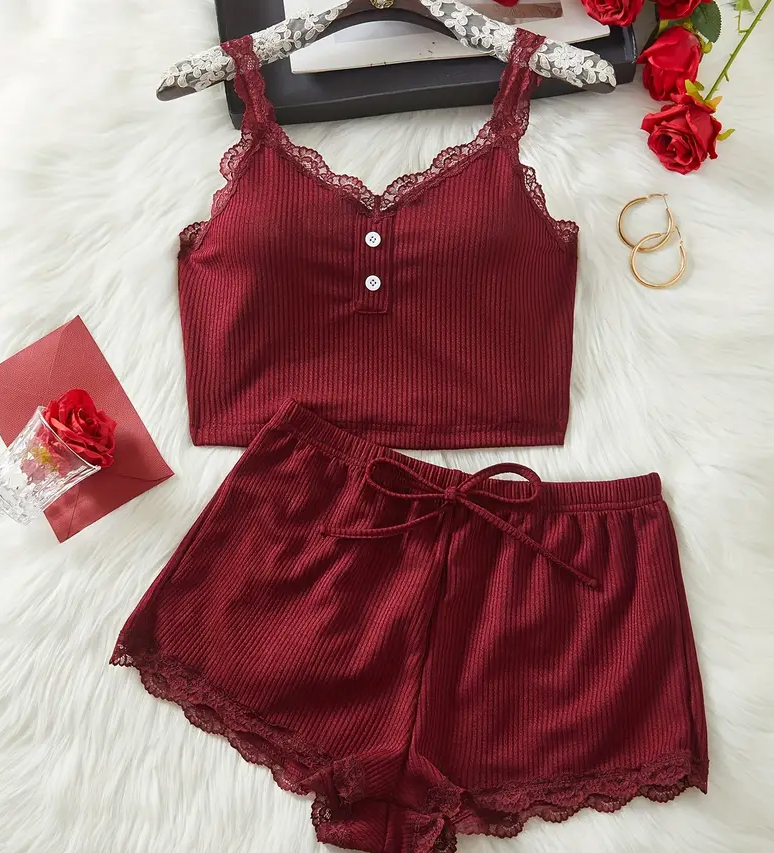 “Burgundy Passion” Crop & Lace-Trim Shorts Set