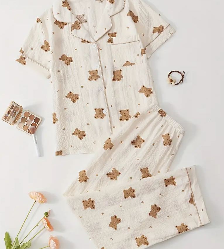 “Beige Teddy” Buttoned Short-Sleeve & Long Pants Pyjama Set