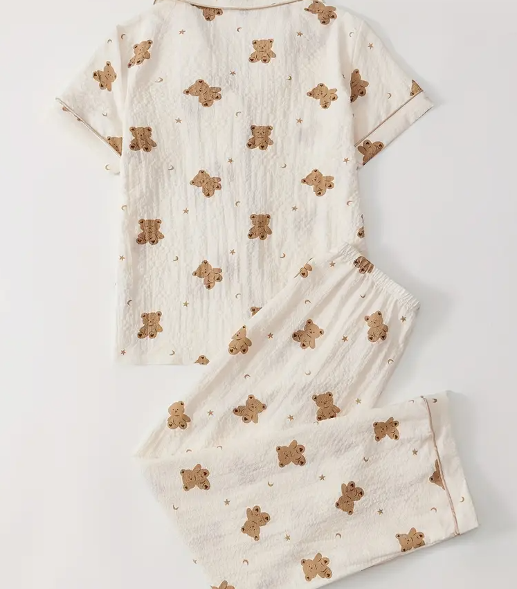 “Beige Teddy” Buttoned Short-Sleeve & Long Pants Pyjama Set