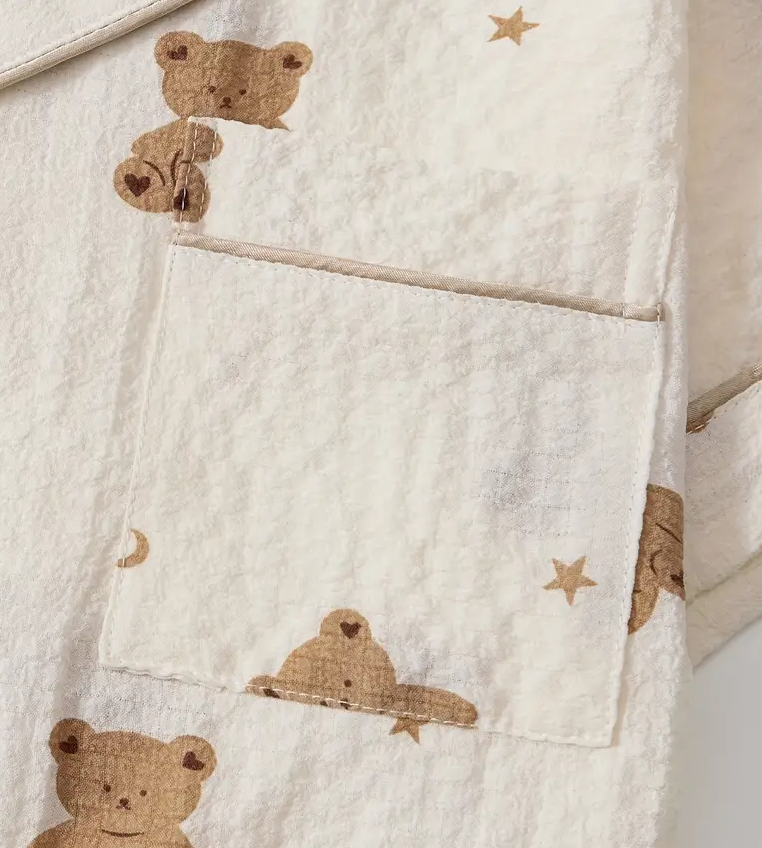 “Beige Teddy” Buttoned Short-Sleeve & Long Pants Pyjama Set