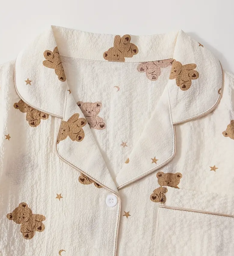 “Beige Teddy” Buttoned Short-Sleeve & Long Pants Pyjama Set