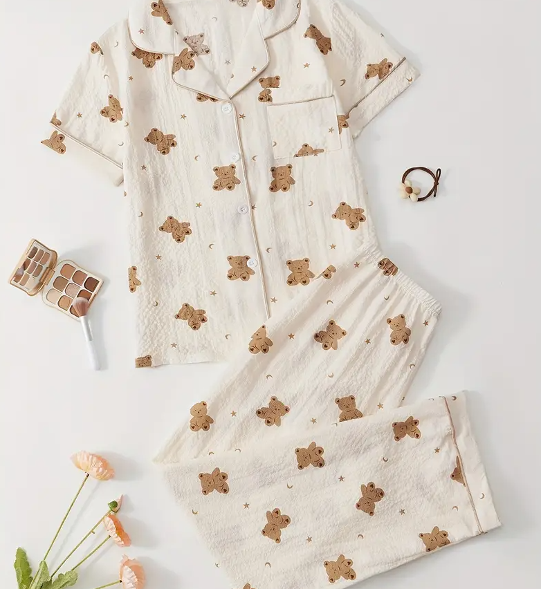 “Beige Teddy” Buttoned Short-Sleeve & Long Pants Pyjama Set