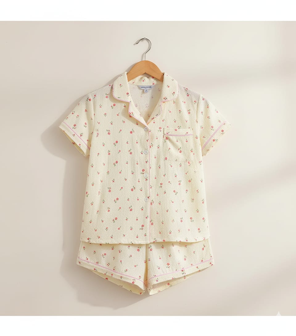 “Pink Blossom” Short-Sleeve Buttoned & Shorts Set