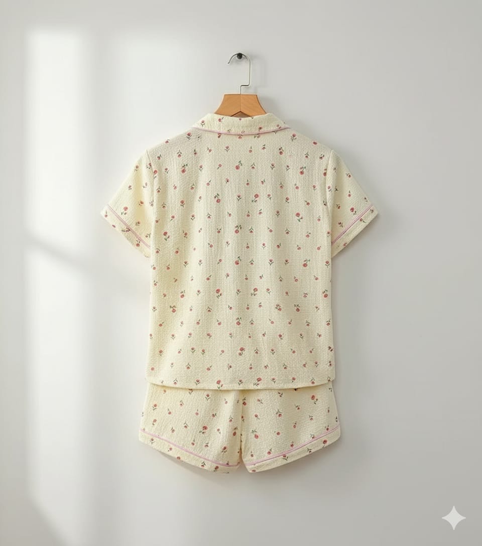 “Pink Blossom” Short-Sleeve Buttoned & Shorts Set