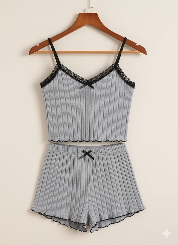 “Gray Elegance” Crop & Lace-Trim Shorts Set