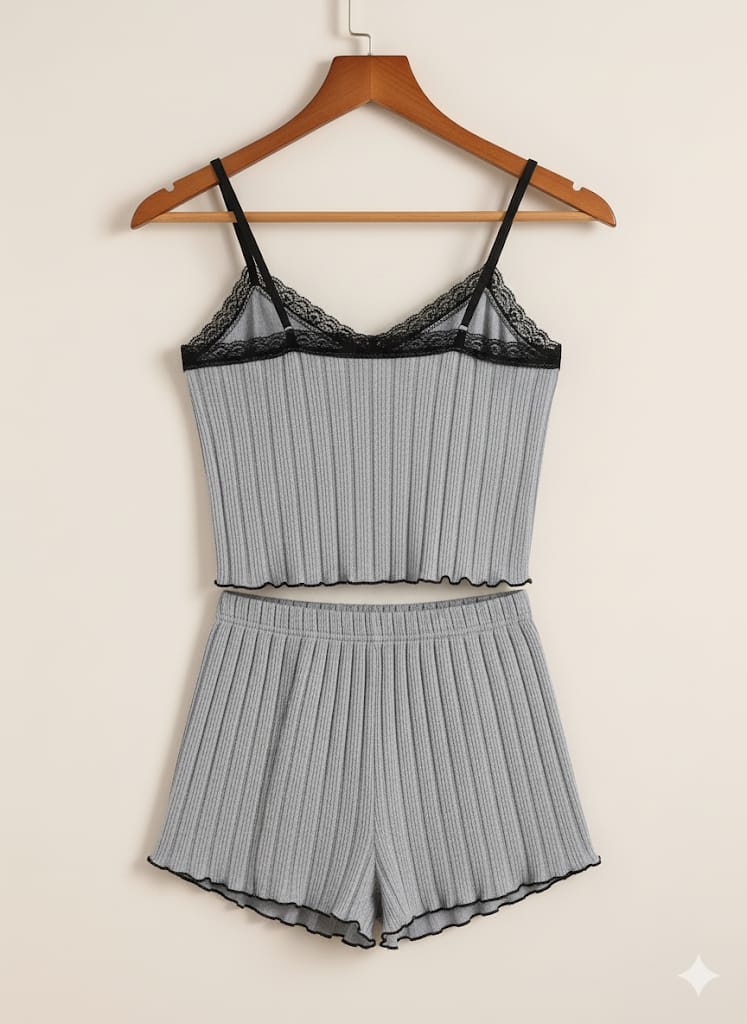 “Gray Elegance” Crop & Lace-Trim Shorts Set